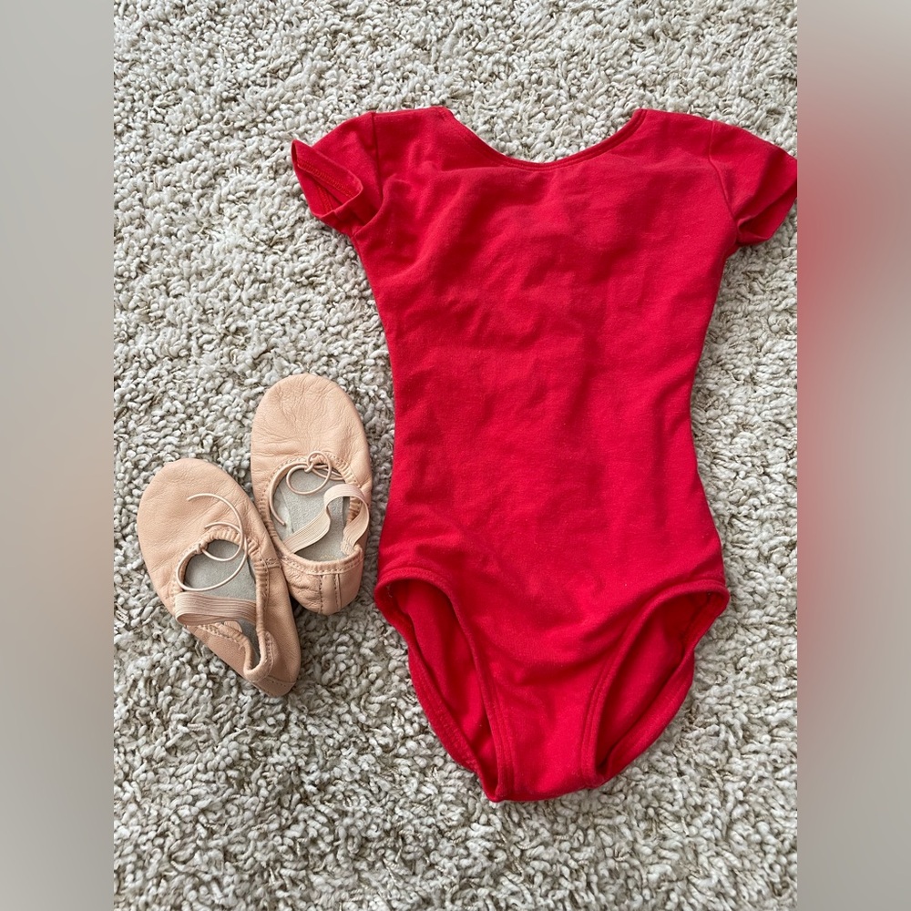 Eurotard red toddler leotard for dance - cream ballet slippers